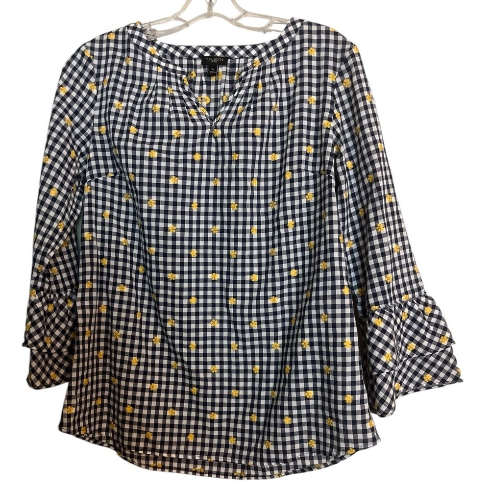 Talbots Women's Popover Top S Petite Navy Gingham Yellow Flower Embroidered